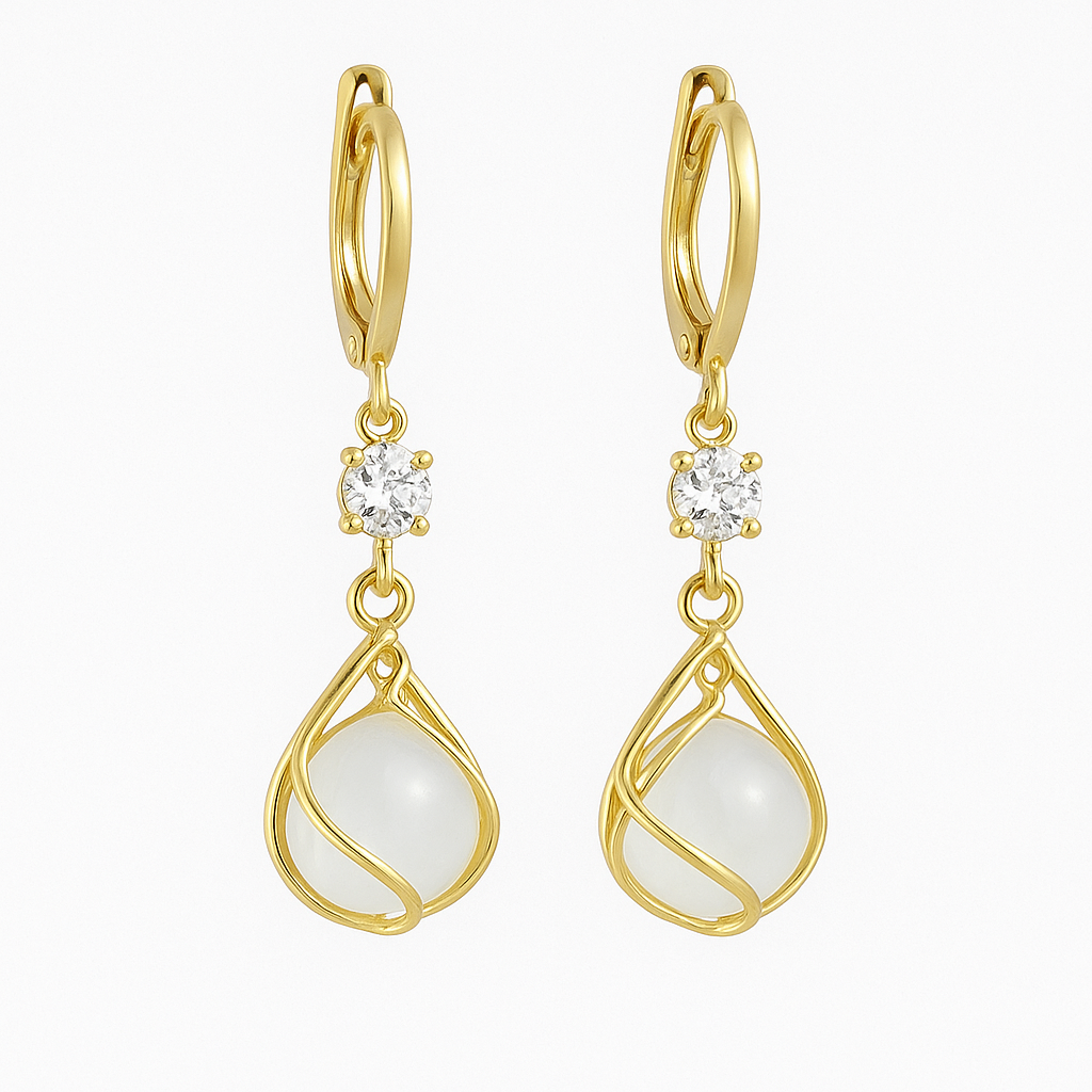 Aurelia™ | Boucles d'oreilles pendantes en or blanc et opale blanche pour femme
