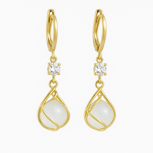Aurelia™ | Boucles d'oreilles pendantes en or blanc et opale blanche pour femme